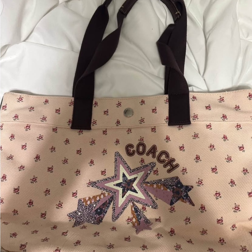 Coach Cream and Purple Star Tote Bag Canvas